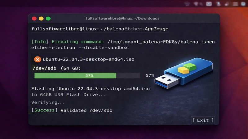 Proceso para instalar BalenaEtcher en Linux y crear un USB booteable desde la terminal utilizando una imagen ISO