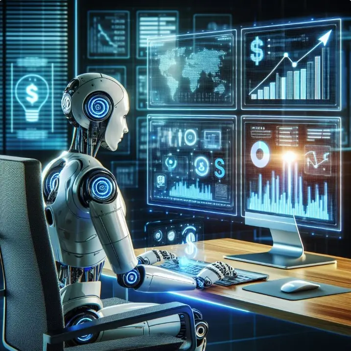 Robot analizando gráficos financieros en una computadora, concepto de monetización y tecnología