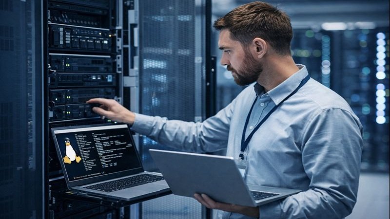 Administrador gestionando servidores Linux en un centro de datos
