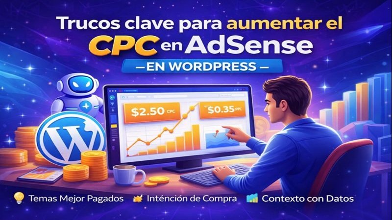 Ilustración sobre cómo aumentar el CPC en AdSense con IA en WordPress mostrando gráficos de ingresos, robot de inteligencia artificial y crecimiento financiero.