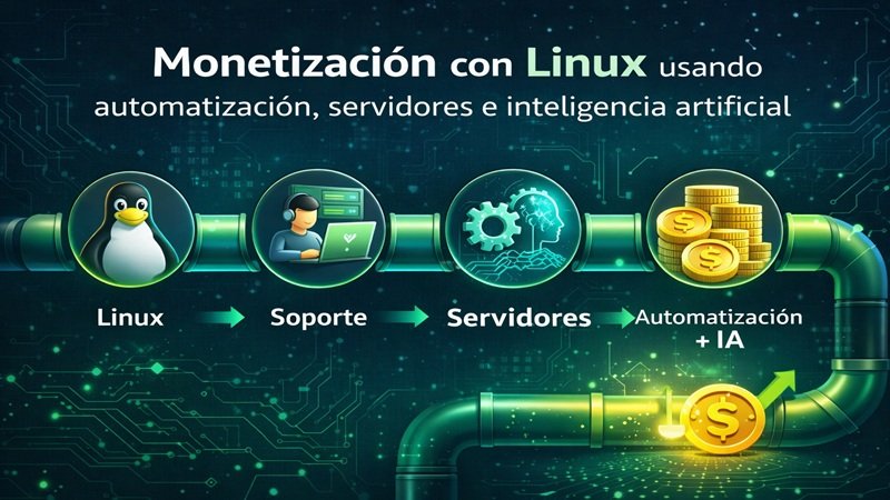 Infografía sobre cómo ganar dinero con Linux mediante automatización, servidores y servicios digitales.