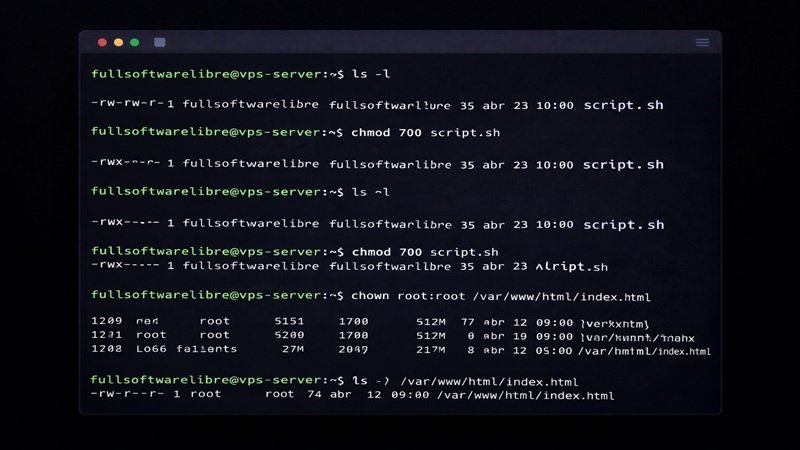 Terminal Linux usando comandos chmod y chown para gestionar permisos y propietarios de archivos en un servidor VPS