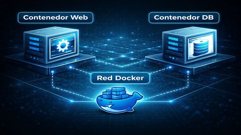 Arquitectura de Docker Compose en Linux con contenedor web y base de datos conectados mediante red Docker