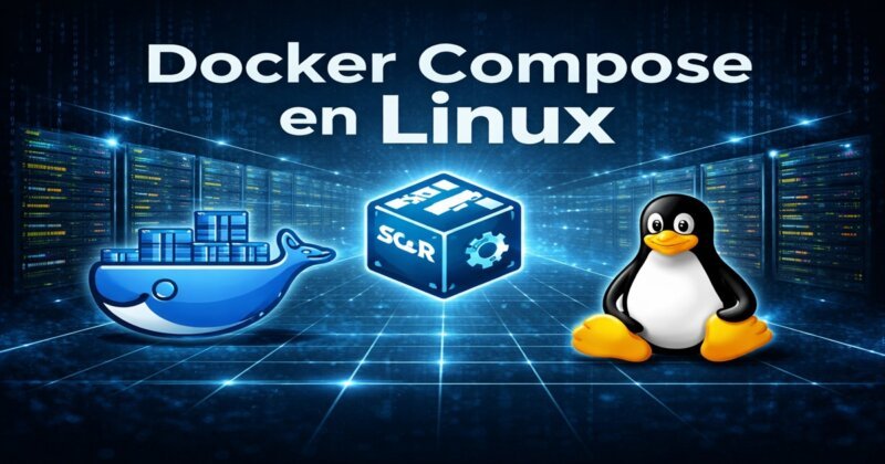 Docker Compose en Linux mostrando contenedores Docker, configuración de servicios y entorno de servidores Linux optimizado