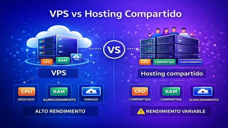 Comparación entre VPS Linux y hosting compartido mostrando diferencias de recursos y rendimiento