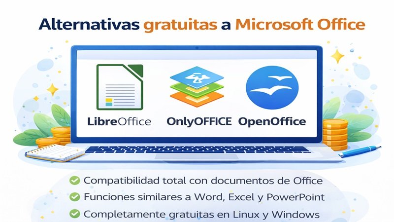 Imagen de alternativas a Microsoft Office gratis con LibreOffice, OnlyOffice y OpenOffice mostrando compatibilidad con Word, Excel y PowerPoint en Linux y Windows