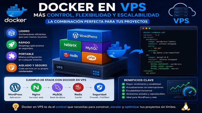Docker en VPS para WordPress y Linux mostrando ventajas de rendimiento, escalabilidad, seguridad y recursos dedicados