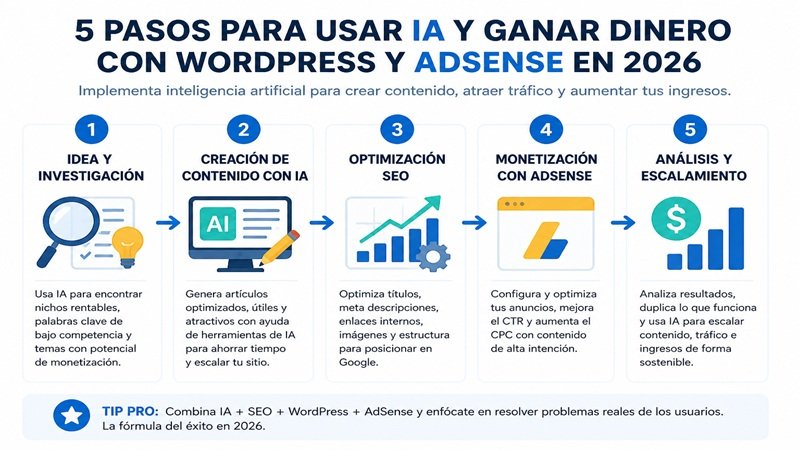 5 pasos para usar IA y ganar dinero con WordPress y AdSense en 2026 explicados en una infografía