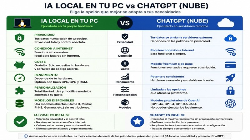 Comparativa entre IA local y ChatGPT en la nube: privacidad, rendimiento, costo y uso en PC