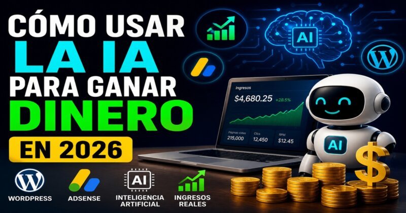 IA para ganar dinero en 2026 usando WordPress y AdSense con gráficos de ingresos y automatización