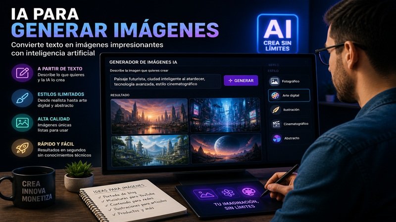 Inteligencia artificial generando imágenes digitales a partir de texto con herramientas de IA generativa