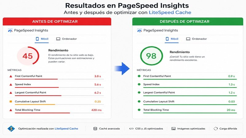 pagespeed-wordpress-antes-despues-optimizacion Comparación de PageSpeed WordPress antes y después de optimizar con LiteSpeed Cache mostrando mejora en velocidad y rendimiento