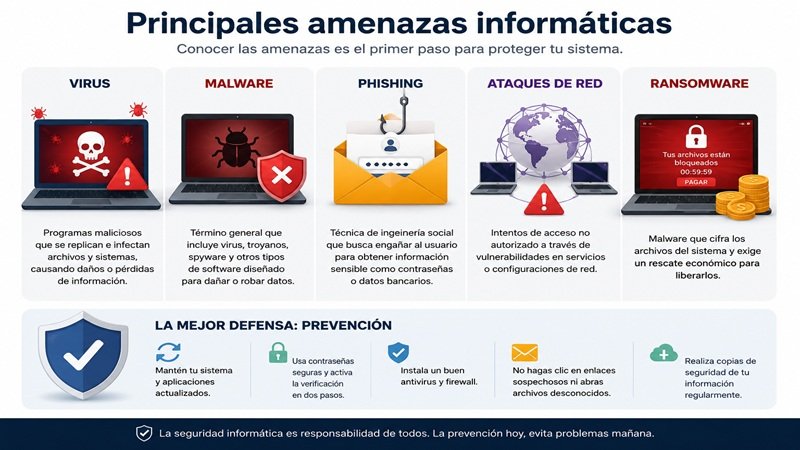 tipos de amenazas en seguridad informática como virus malware phishing y ransomware