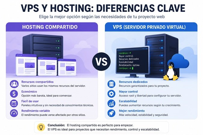 Comparativa entre VPS y hosting compartido mostrando diferencias de rendimiento, recursos dedicados, escalabilidad y administración para WordPress y Linux