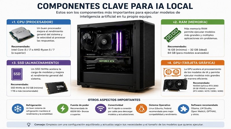 Componentes clave del hardware para IA local: CPU, memoria RAM, SSD NVMe y GPU recomendados para ejecutar modelos LLM