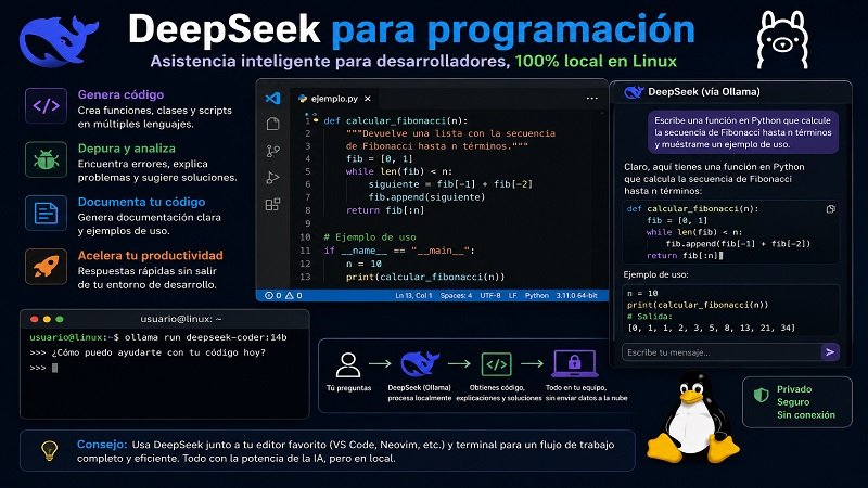 DeepSeek para programación en Linux con Ollama generando código Python, automatizando tareas y asistiendo a desarrolladores de software de forma local.