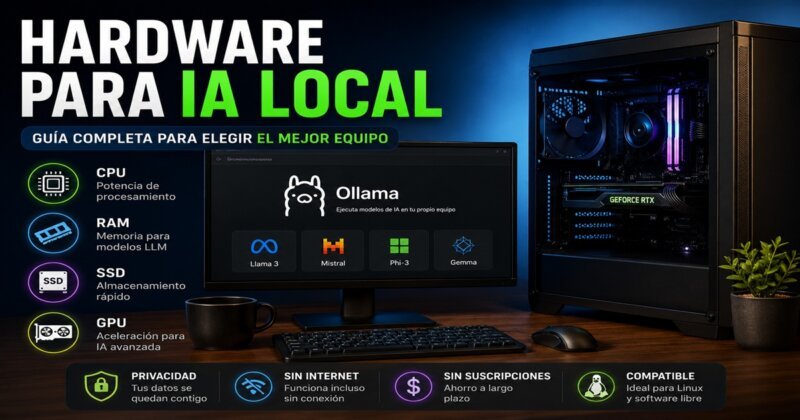 Hardware para IA local con CPU, RAM, SSD NVMe y GPU para ejecutar modelos LLM en Linux y Windows