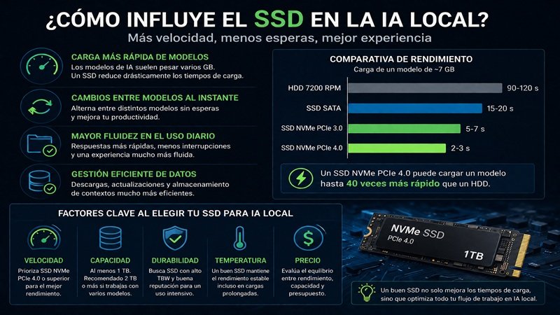 Infografía que muestra cómo un SSD NVMe mejora la velocidad de carga, el cambio entre modelos y el rendimiento de la inteligencia artificial local frente a un disco HDD.