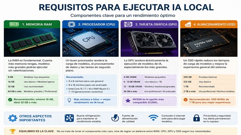 Componentes principales para cumplir los requisitos para ejecutar IA local: memoria RAM, procesador CPU, tarjeta gráfica GPU y unidad SSD recomendados para modelos de inteligencia artificial.