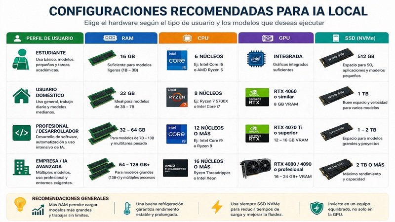 Configuraciones recomendadas para ejecutar IA local según el tipo de usuario, incluyendo memoria RAM, procesador CPU, tarjeta gráfica GPU y almacenamiento SSD NVMe.