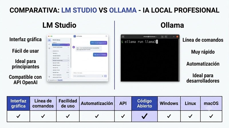 Comparación entre LM Studio y Ollama para ejecutar modelos de inteligencia artificial local en Windows, Linux y macOS.