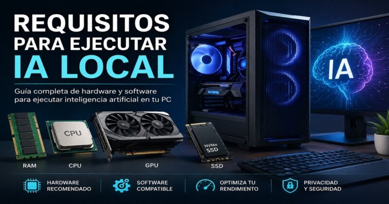 Requisitos para ejecutar IA local con memoria RAM, procesador CPU, tarjeta gráfica GPU y SSD recomendados para modelos de inteligencia artificial .