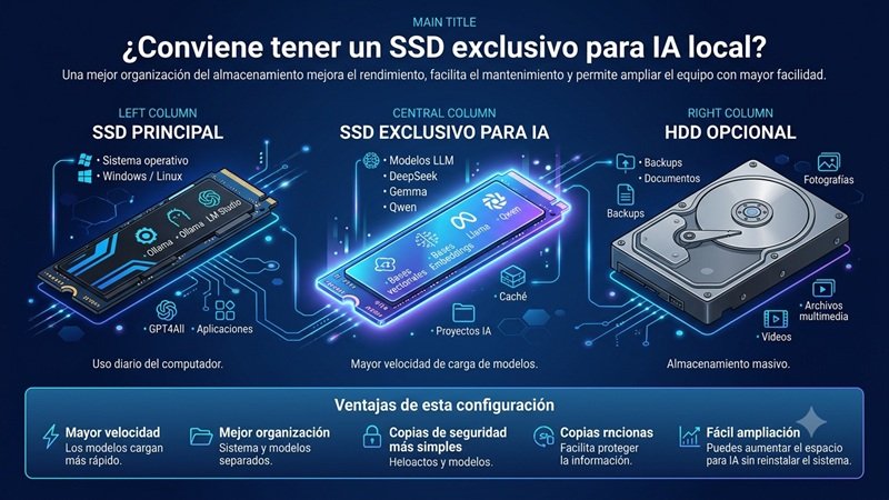 Infografía que muestra la configuración recomendada con un SSD principal para el sistema operativo, un SSD exclusivo para modelos de IA local y un HDD para copias de seguridad.