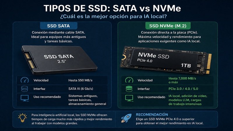 Infografía comparativa entre SSD SATA y SSD NVMe PCIe con sus diferencias de velocidad, interfaz y usos para inteligencia artificial local.