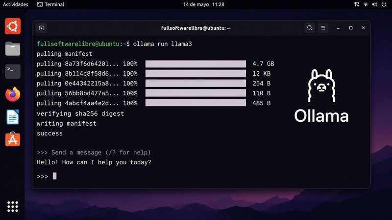 Terminal de Linux ejecutando Ollama con el usuario fullsoftwarelibre para descargar y ejecutar un modelo de inteligencia artificial local.