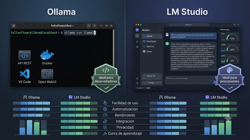 Resumen visual de las diferencias entre Ollama y LM Studio según facilidad de uso, automatización, integración con herramientas y perfil de usuario recomendado.