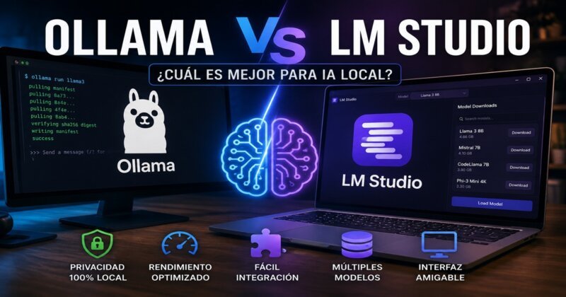 Comparativa entre Ollama y LM Studio para ejecutar modelos de inteligencia artificial local en Windows, Linux y macOS durante 2026.