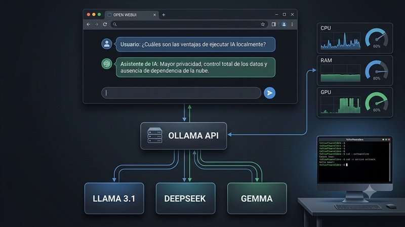 Arquitectura de Open WebUI conectada a la API de Ollama para ejecutar modelos de inteligencia artificial local como Llama 3.1, DeepSeek y Gemma.