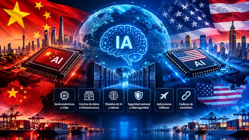 Competencia entre China y Estados Unidos por la IA: chips, semiconductores e infraestructura.